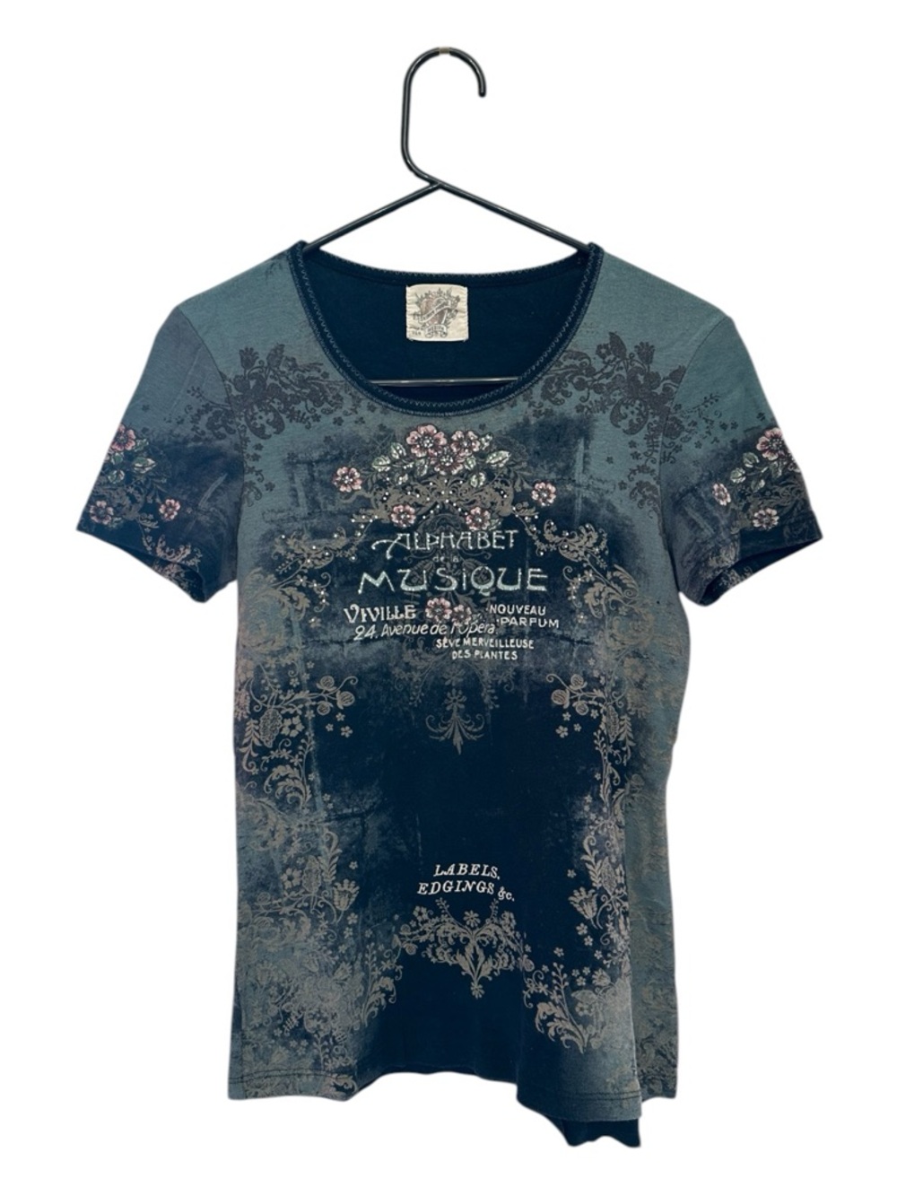Vintage Y2K Skinny Minnie Blue-Grey French Floral Graphic Short Sleeve Tee M
